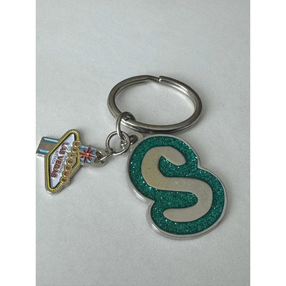 Swibco Las Vegas Keychain Initial S Green Glitter Souvenir Metal Key Ring 02734‎